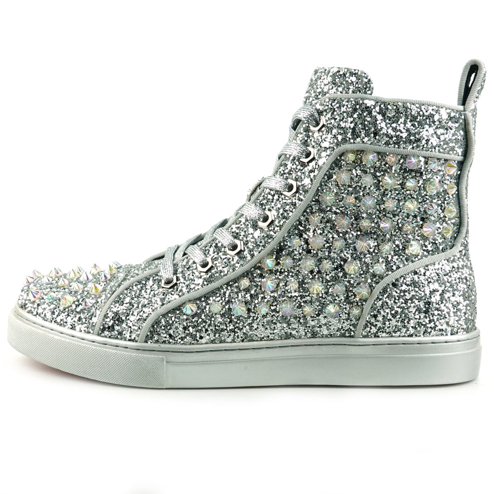 FI-2409 Silver Glitter Silver Spikes Lace up High top Sneaker Encore by Fiesso