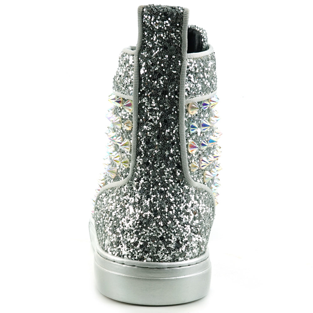 FI-2409 Silver Glitter Silver Spikes Lace up High top Sneaker Encore by Fiesso