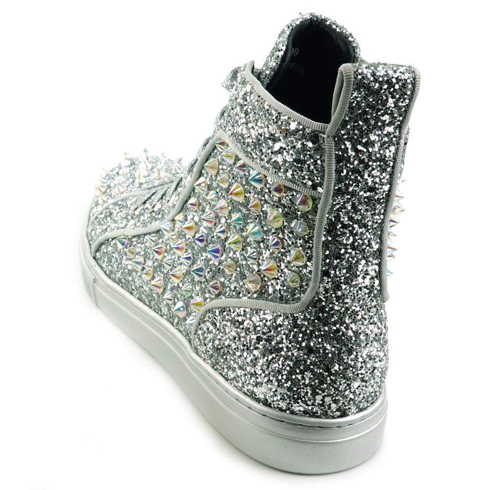 FI-2409 Silver Glitter Silver Spikes Lace up High top Sneaker Encore by Fiesso