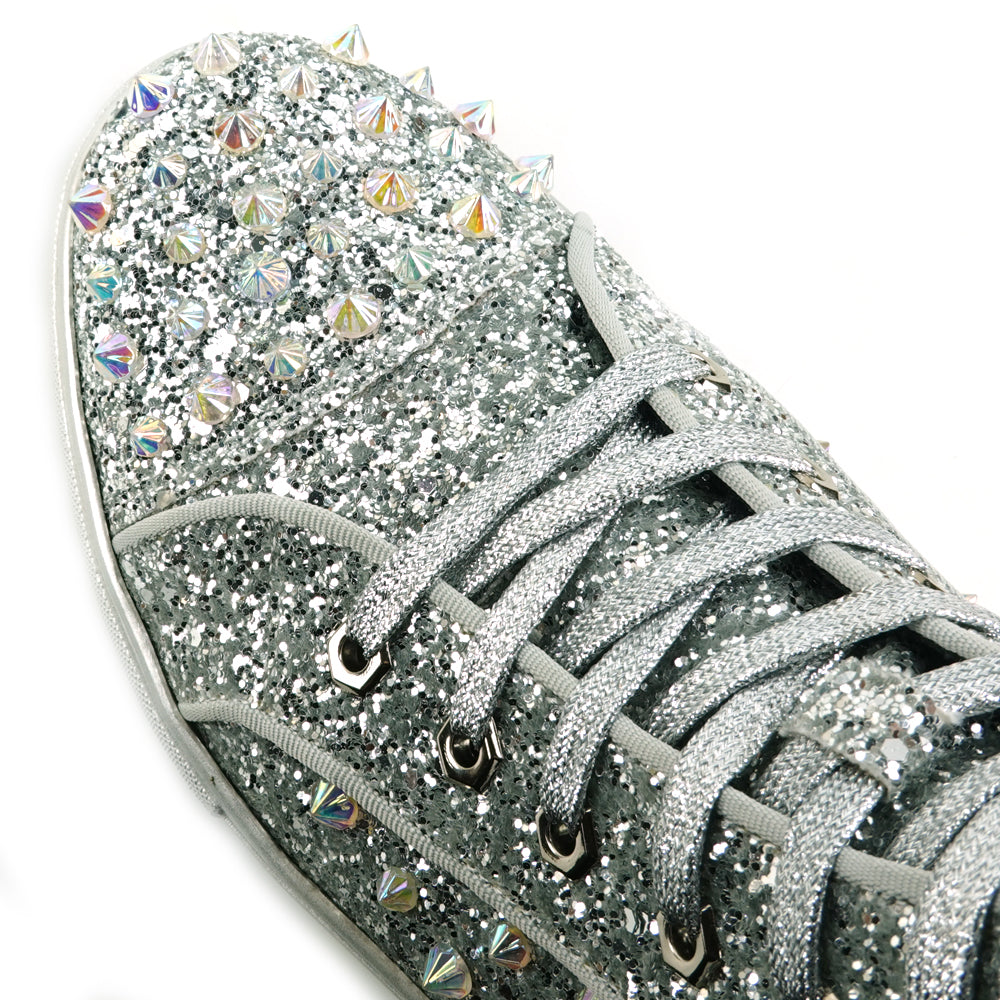 FI-2409 Silver Glitter Silver Spikes Lace up High top Sneaker Encore by Fiesso