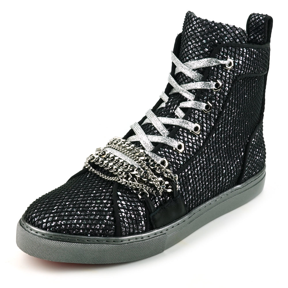 FI-2410 Black Silver Glitter Lace up High top Sneaker Encore by Fiesso