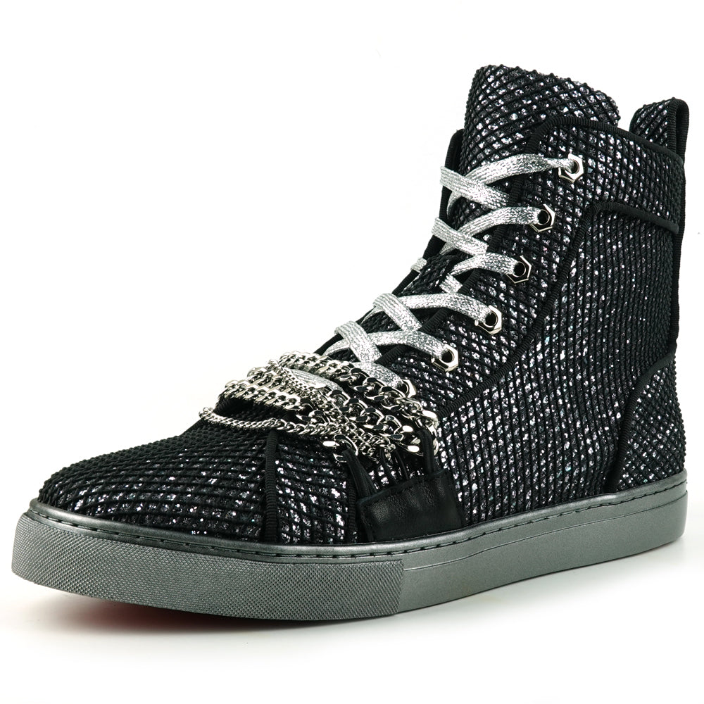 FI-2410 Black Silver Glitter Lace up High top Sneaker Encore by Fiesso