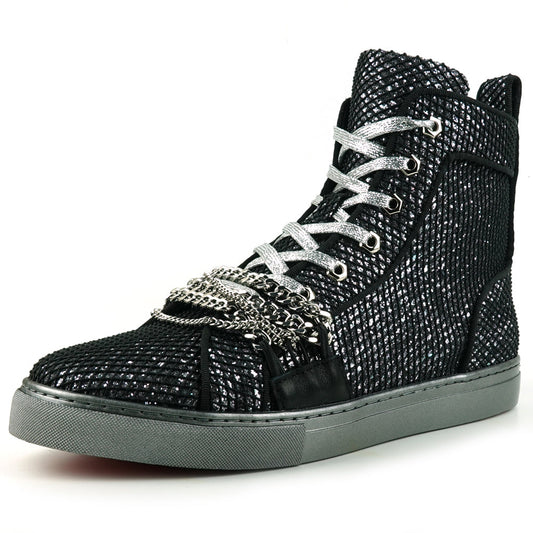FI-2410 Black Silver Glitter Lace up High top Sneaker Encore by Fiesso