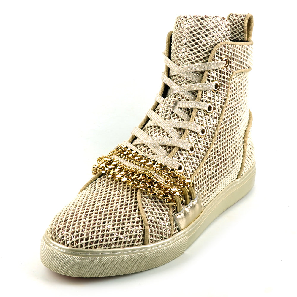 FI-2410 White Gold Glitter Lace up High top Sneaker Encore by Fiesso