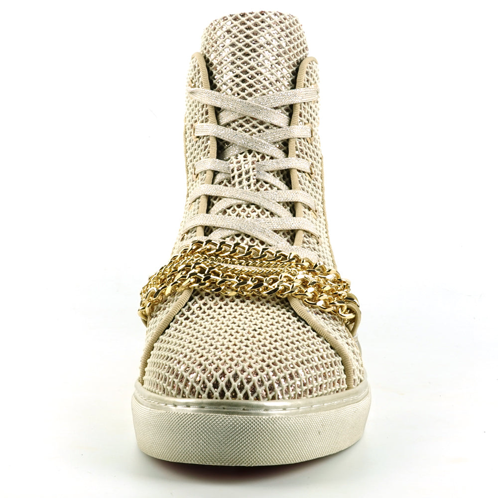 FI-2410 White Gold Glitter Lace up High top Sneaker Encore by Fiesso