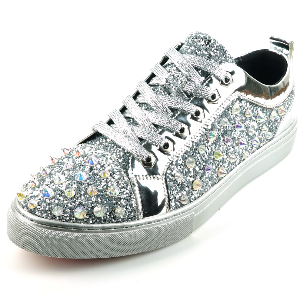 FI-2413 Silver Glitter Silver Spikes Lace up Sneaker Encore by Fiesso