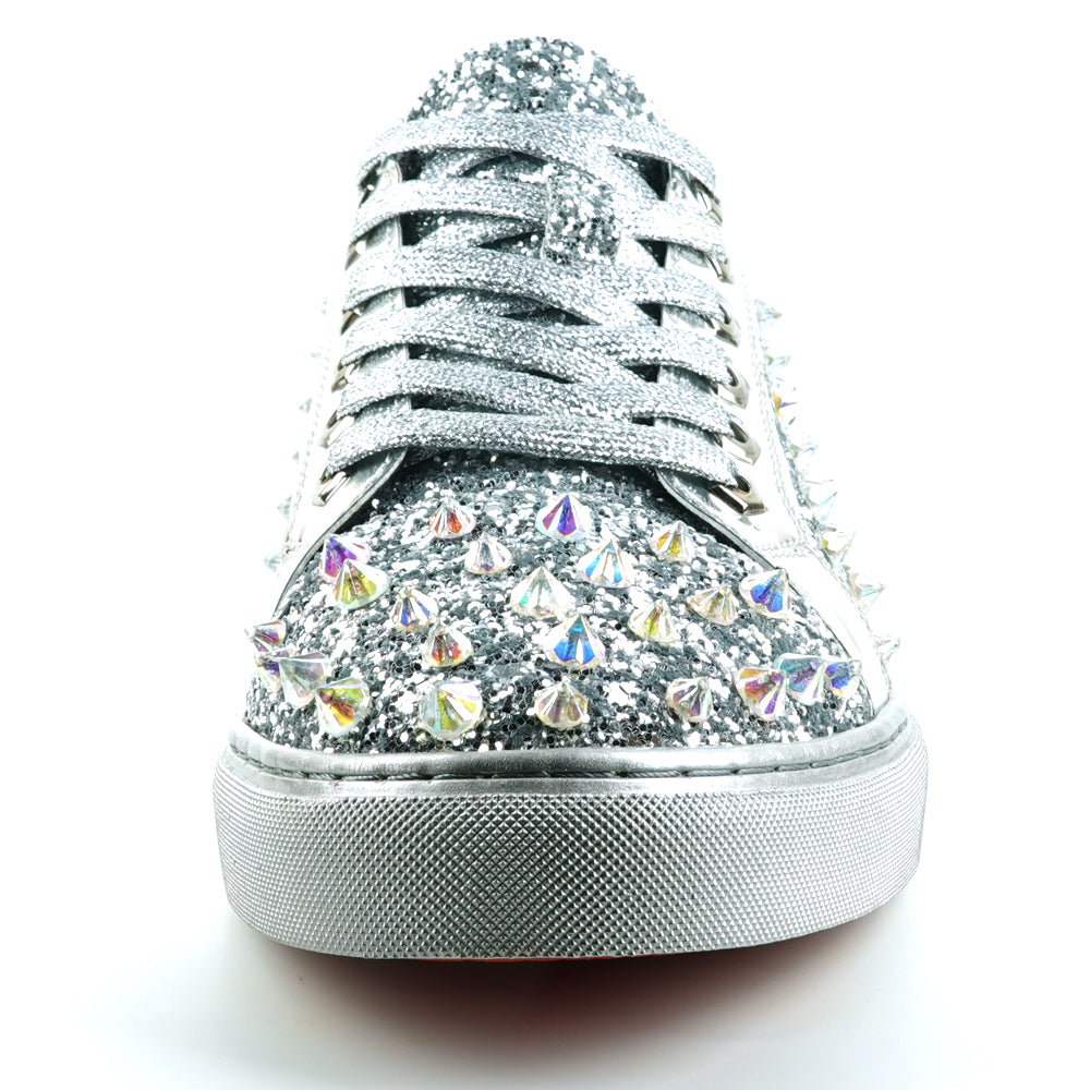 FI-2413 Silver Glitter Silver Spikes Lace up Sneaker Encore by Fiesso