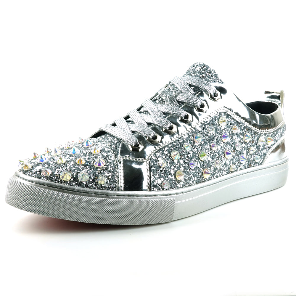 FI-2413 Silver Glitter Silver Spikes Lace up Sneaker Encore by Fiesso