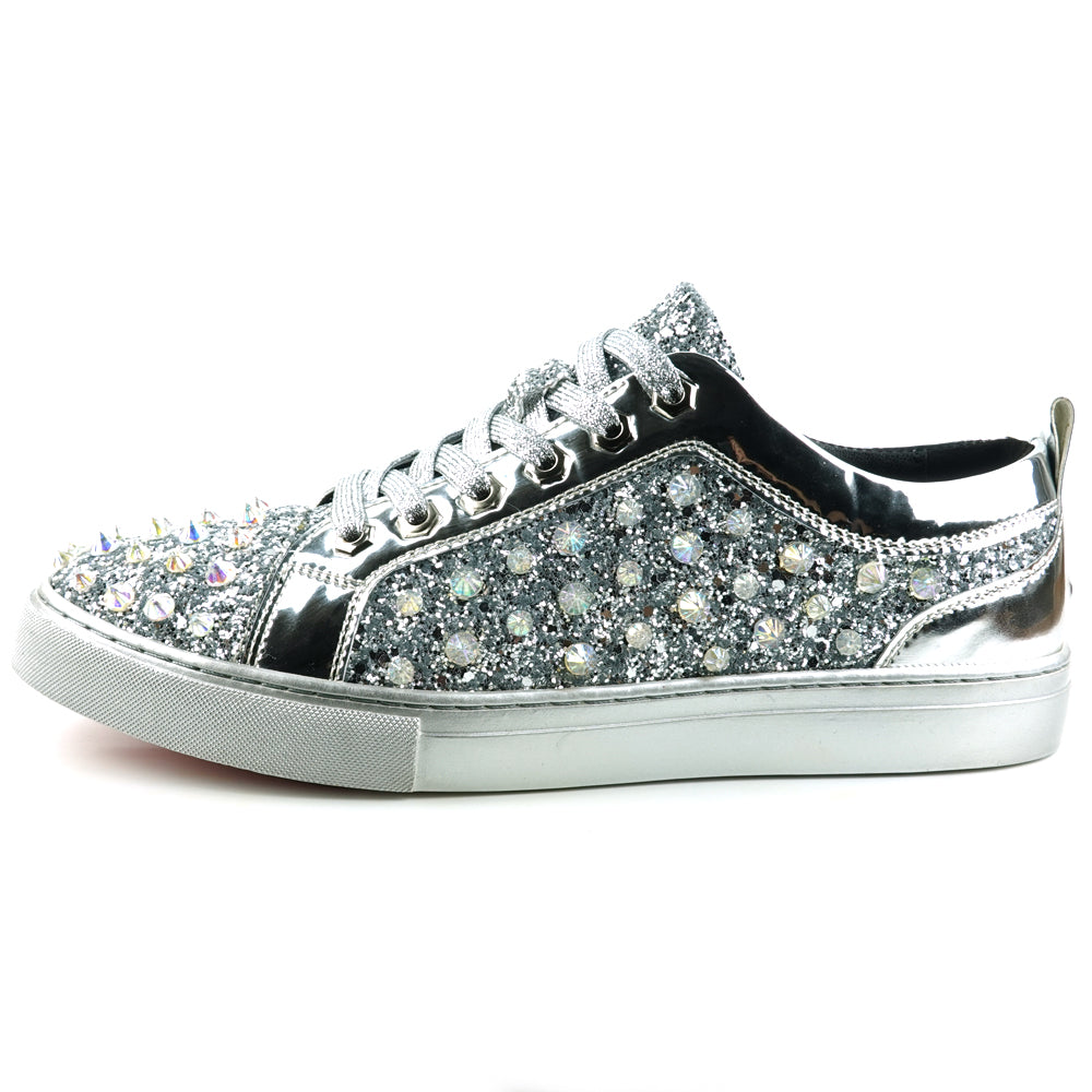 FI-2413 Silver Glitter Silver Spikes Lace up Sneaker Encore by Fiesso