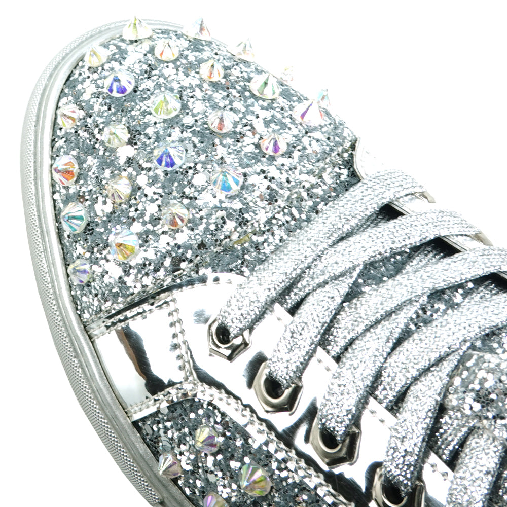FI-2413 Silver Glitter Silver Spikes Lace up Sneaker Encore by Fiesso
