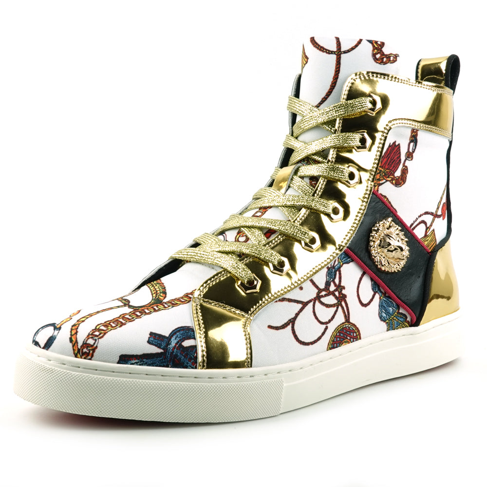 FI-2421 White Gold Lace up High top Sneaker Encore by Fiesso