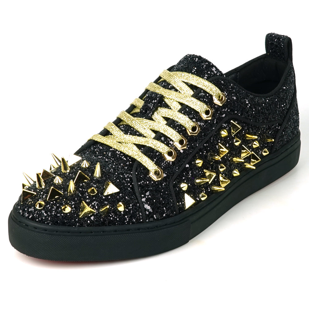 FI-2429 Black Glitter Gold Spikes Lace up Low Cut Sneaker Encore by Fiesso