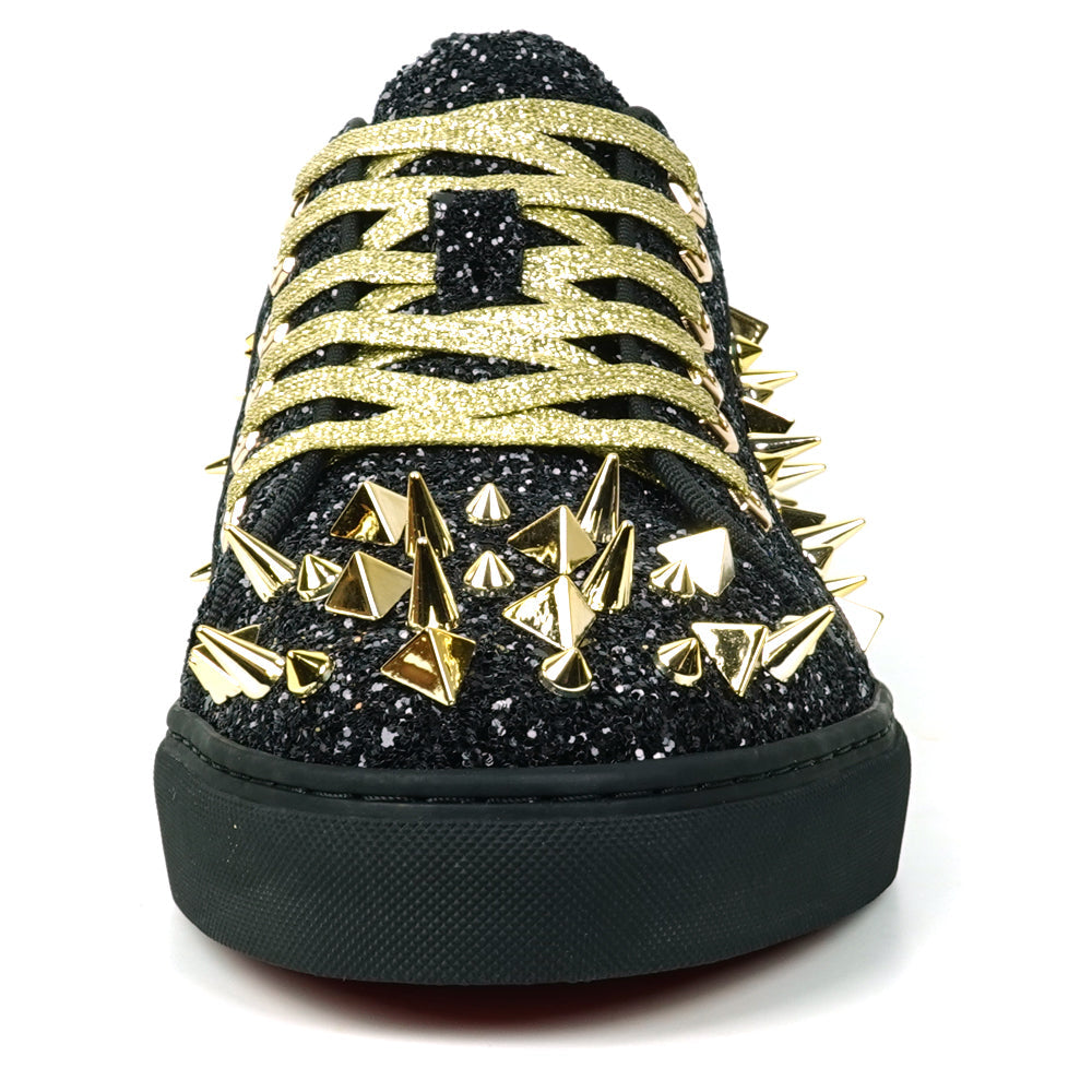 FI-2429 Black Glitter Gold Spikes Lace up Low Cut Sneaker Encore by Fiesso