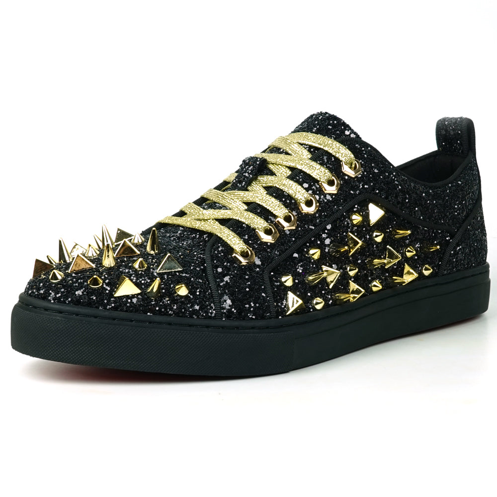 FI-2429 Black Glitter Gold Spikes Lace up Low Cut Sneaker Encore by Fiesso