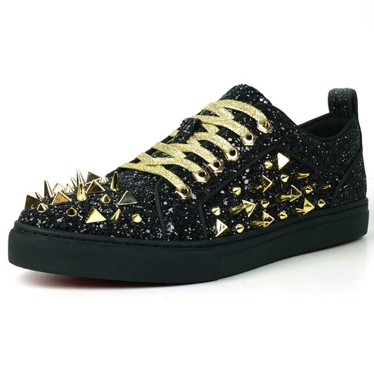 FI-2429 Black Glitter Gold Spikes Lace up Low Cut Sneaker Encore by Fiesso
