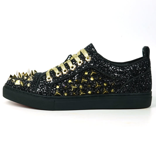 FI-2429 Black Glitter Gold Spikes Lace up Low Cut Sneaker Encore by Fiesso