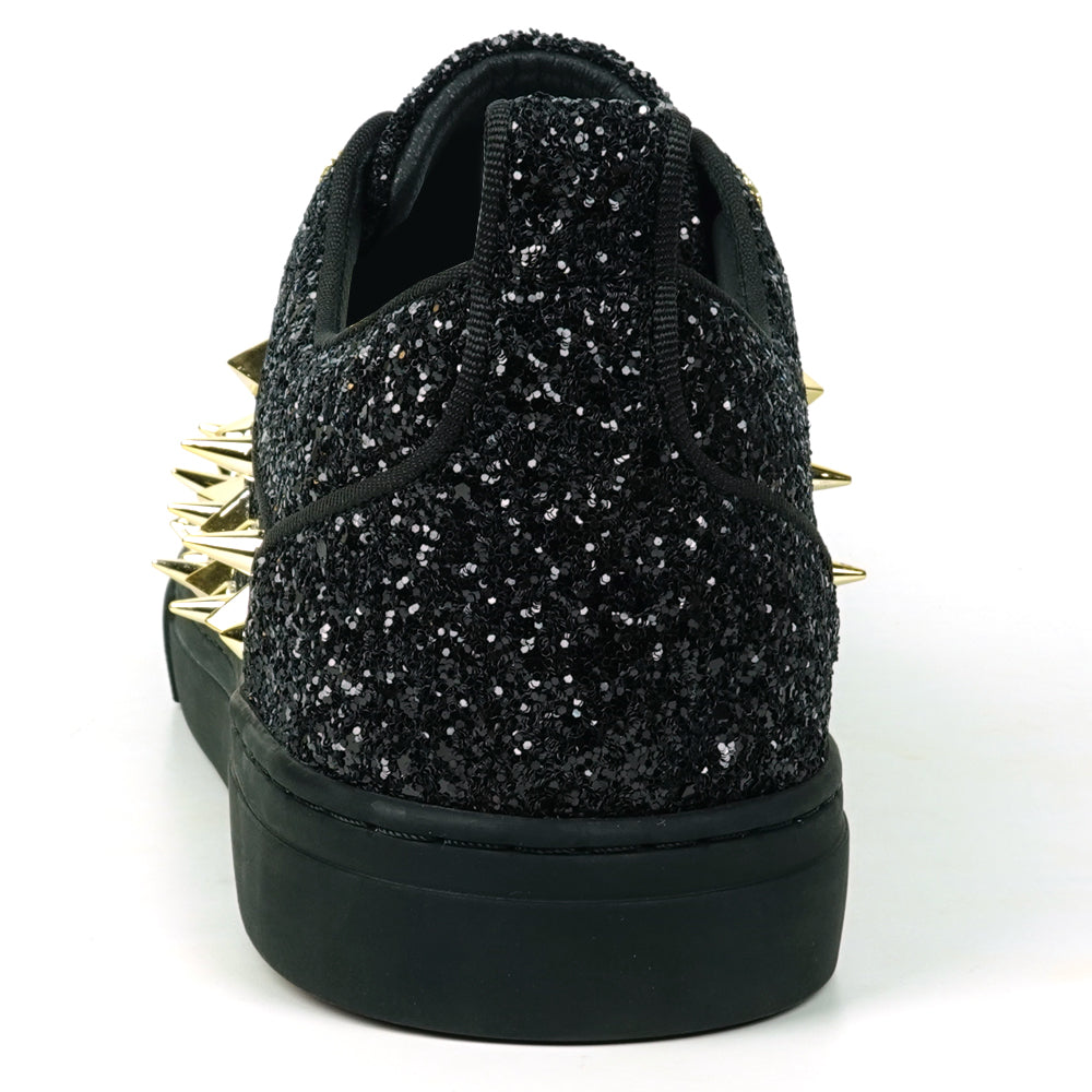 FI-2429 Black Glitter Gold Spikes Lace up Low Cut Sneaker Encore by Fiesso