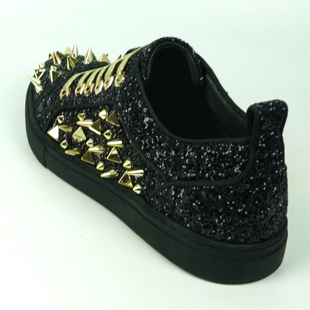 FI-2429 Black Glitter Gold Spikes Lace up Low Cut Sneaker Encore by Fiesso