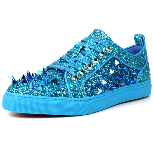 FI-2429 Blue Glitter Blue Spikes Lace up Low Cut Sneaker Encore by Fiesso
