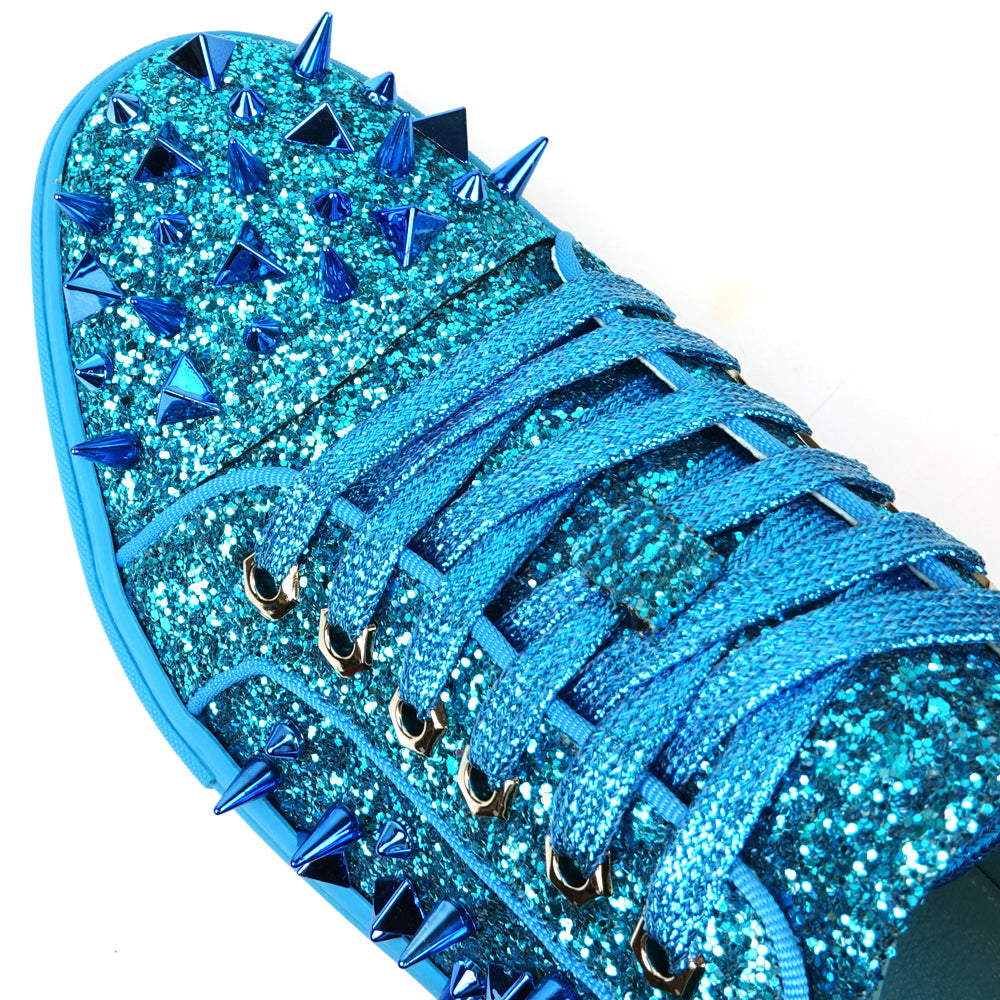FI-2429 Blue Glitter Blue Spikes Lace up Low Cut Sneaker Encore by Fiesso