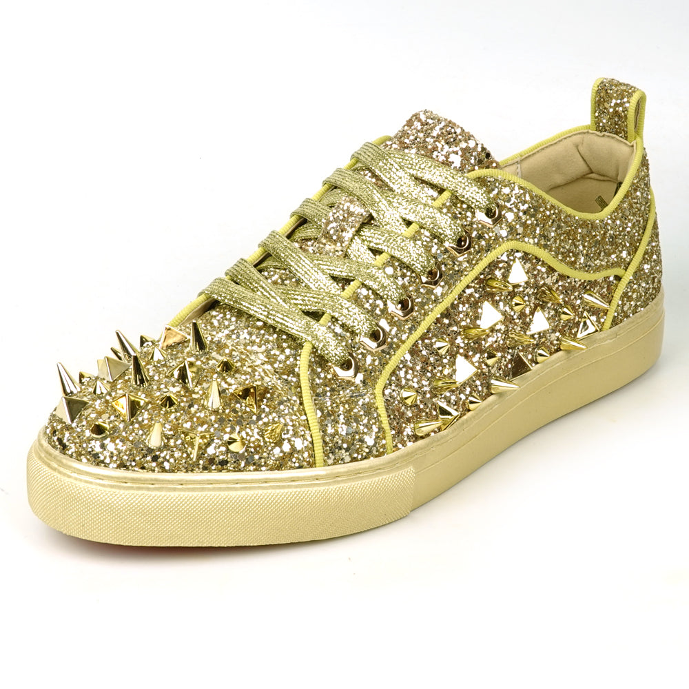 FI-2429 Gold Glitter Gold Spikes Lace up Low Cut Sneaker Encore by Fiesso