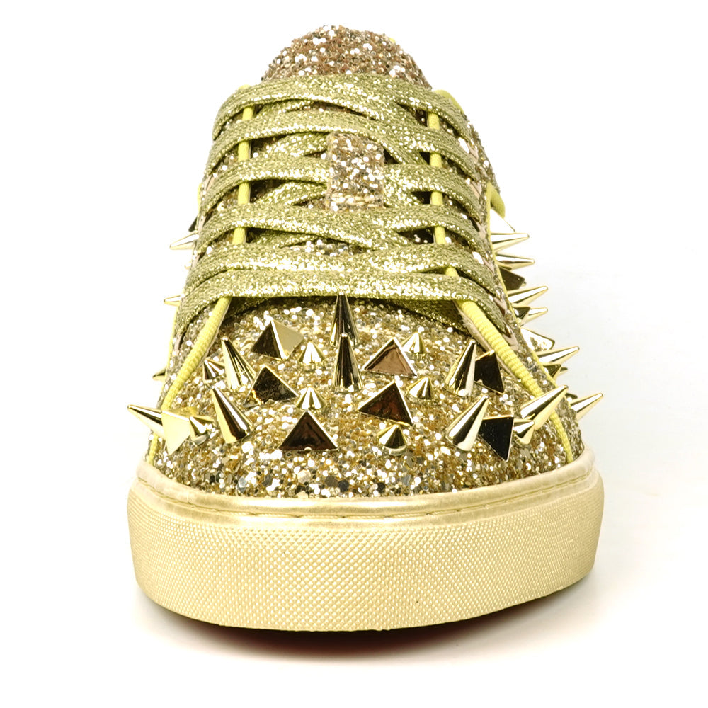 FI-2429 Gold Glitter Gold Spikes Lace up Low Cut Sneaker Encore by Fiesso
