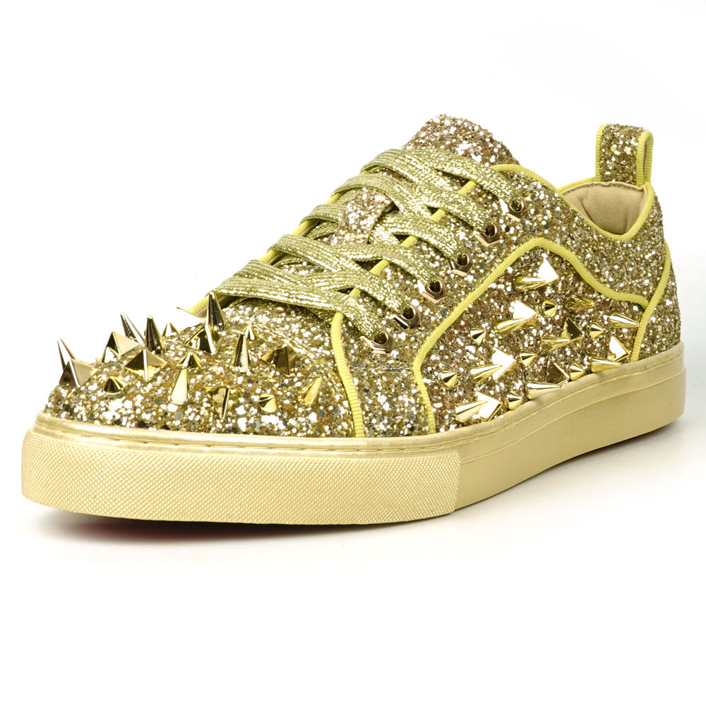FI-2429 Gold Glitter Gold Spikes Lace up Low Cut Sneaker Encore by Fiesso