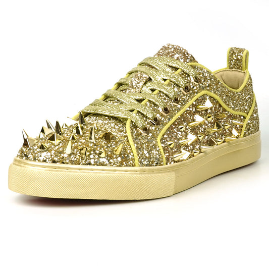 FI-2429 Gold Glitter Gold Spikes Lace up Low Cut Sneaker Encore by Fiesso