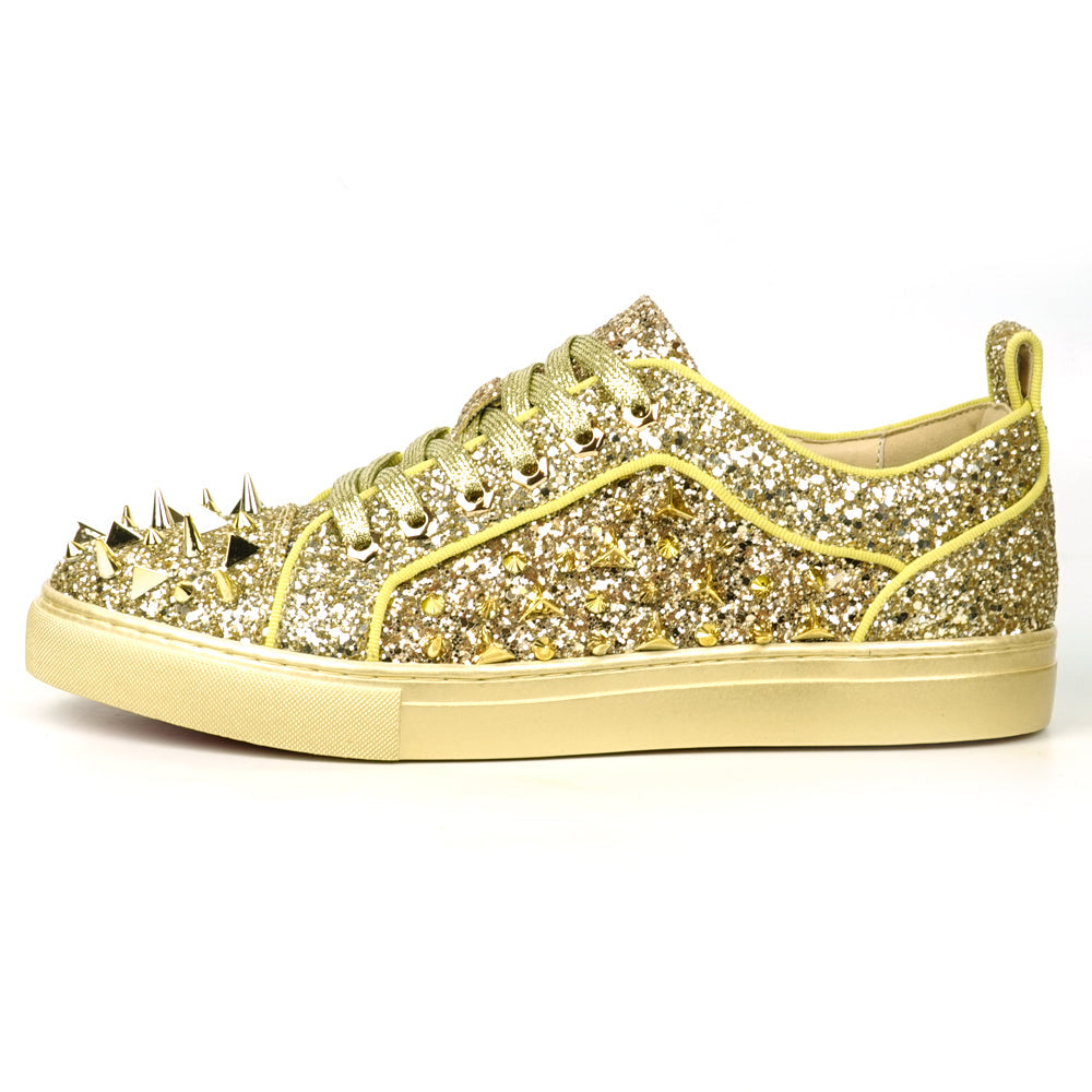 FI-2429 Gold Glitter Gold Spikes Lace up Low Cut Sneaker Encore by Fiesso