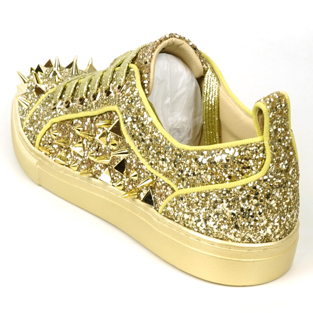 FI-2429 Gold Glitter Gold Spikes Lace up Low Cut Sneaker Encore by Fiesso