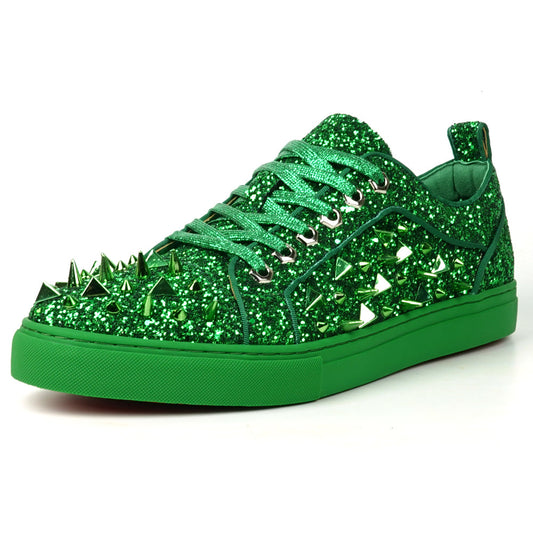 FI-2429 Green Glitter Green Spikes Lace up Low Cut Sneaker Encore by Fiesso