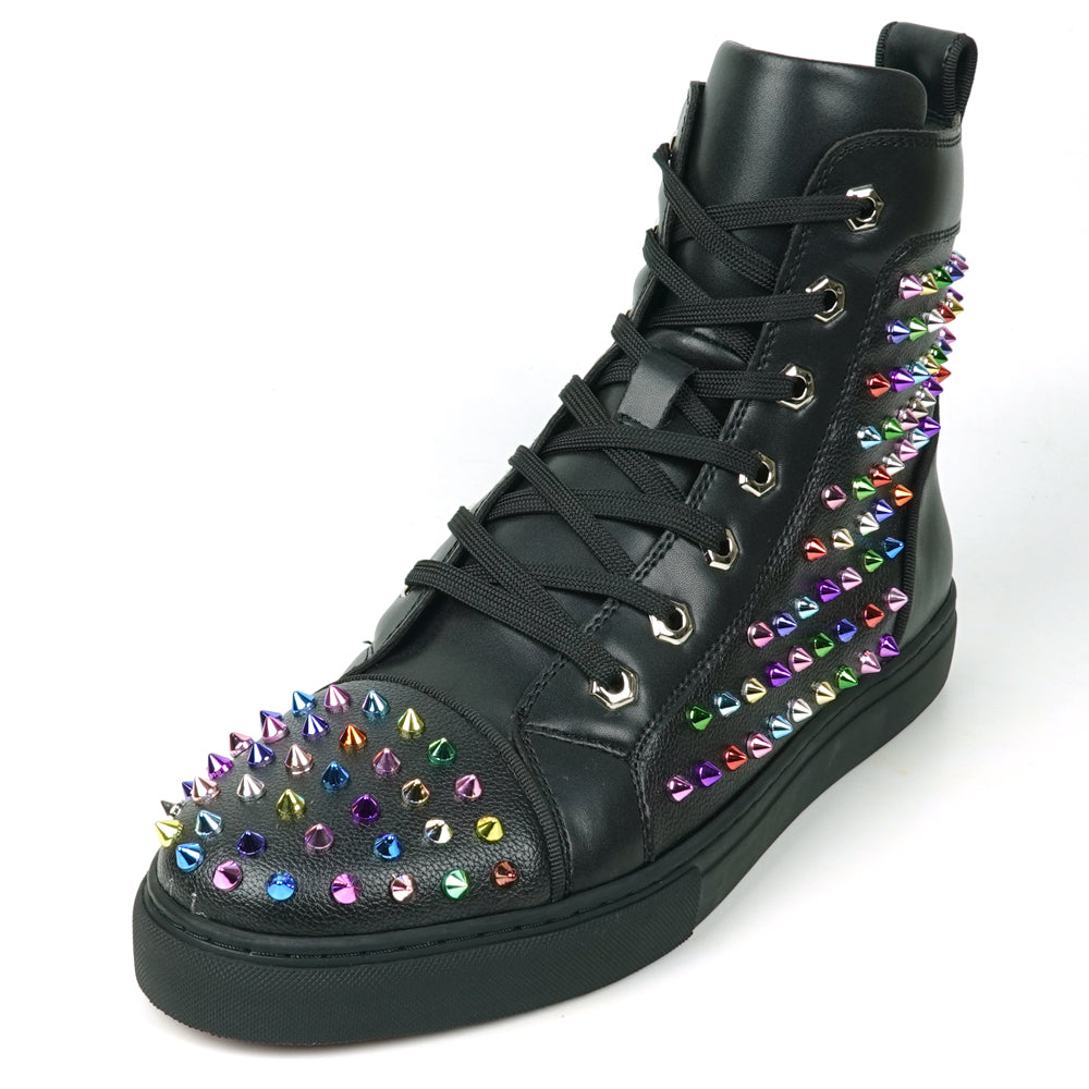 FI-2430 Black Leather Multicolor Spikes Lace up High top Sneaker Encore by Fiesso