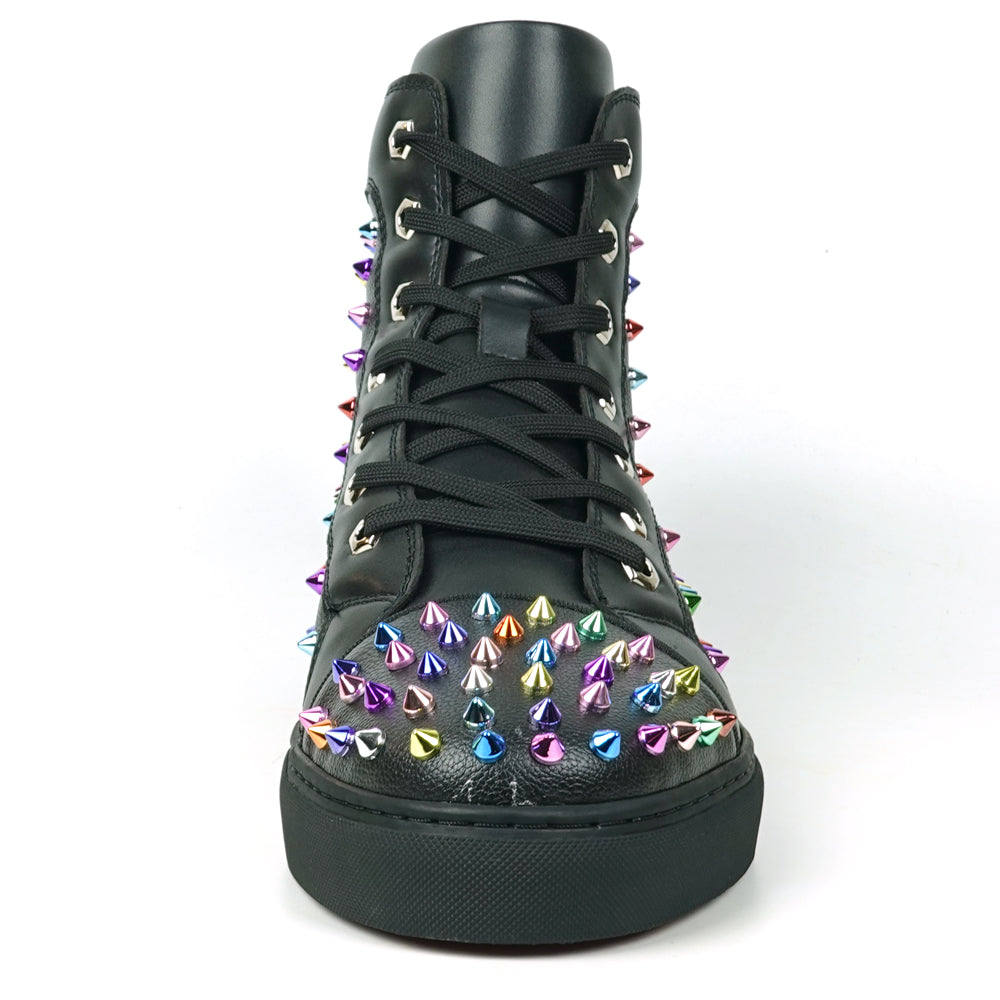 FI-2430 Black Leather Multicolor Spikes Lace up High top Sneaker Encore by Fiesso