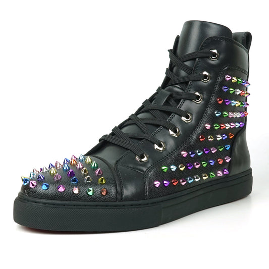 FI-2430 Black Leather Multicolor Spikes Lace up High top Sneaker Encore by Fiesso