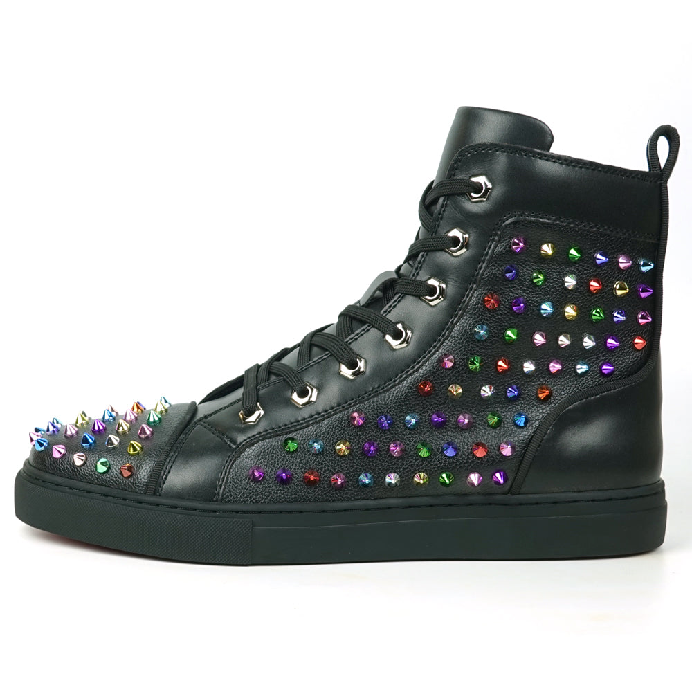 FI-2430 Black Leather Multicolor Spikes Lace up High top Sneaker Encore by Fiesso
