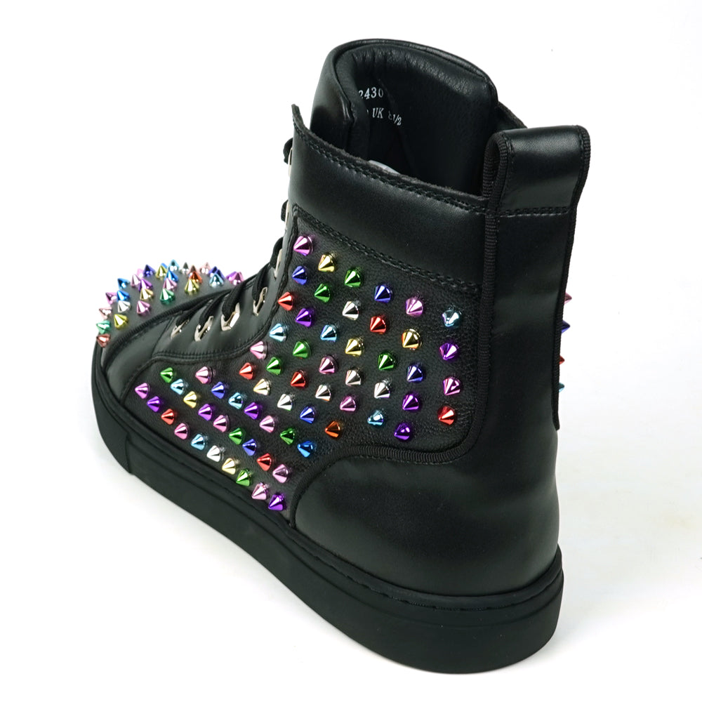 FI-2430 Black Leather Multicolor Spikes Lace up High top Sneaker Encore by Fiesso