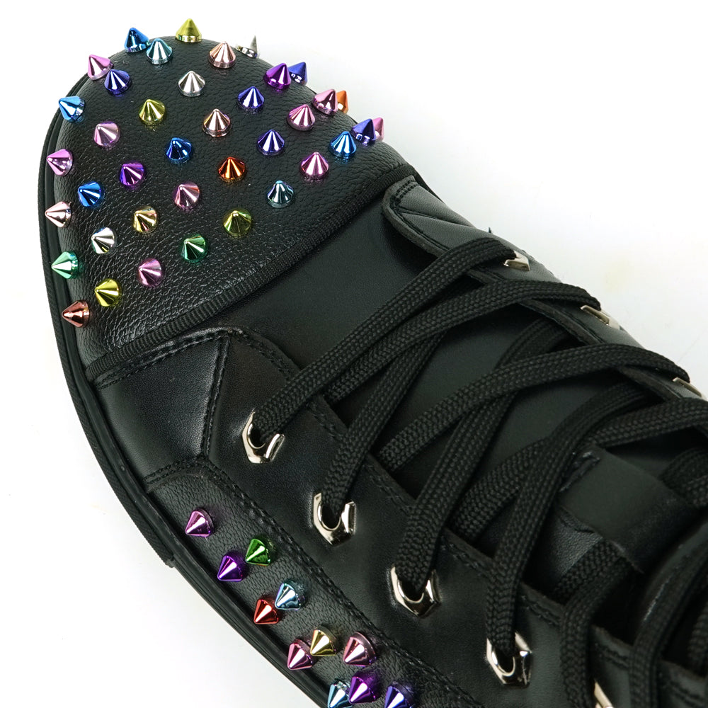 FI-2430 Black Leather Multicolor Spikes Lace up High top Sneaker Encore by Fiesso