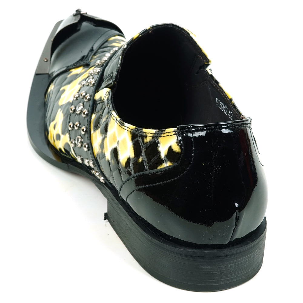 FI-6942 Black/White Genuine Patent Leather Shoe by Fiesso Gun Metal Tip Slip on