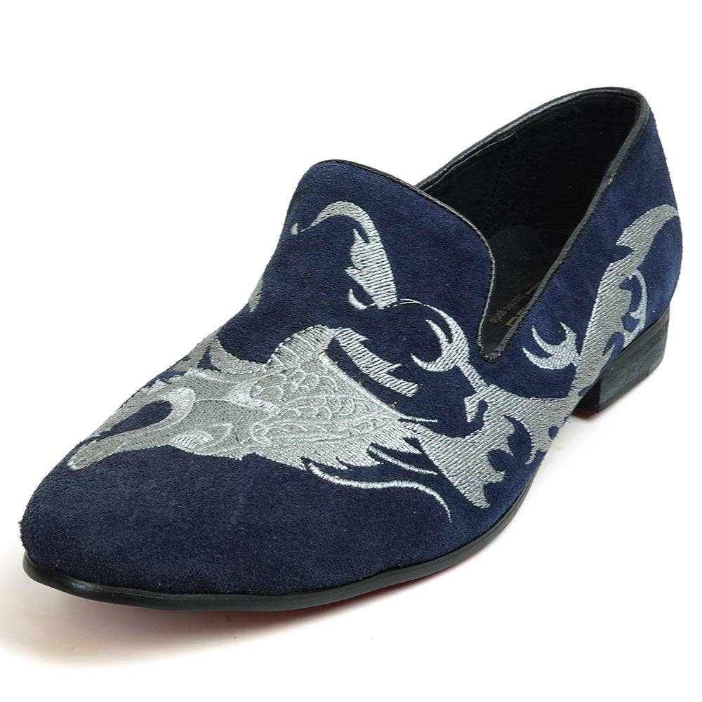 FI-7039 Navy Suede Embroidered Shoe Fiesso by Aurelio Garcia Slip on Loafer