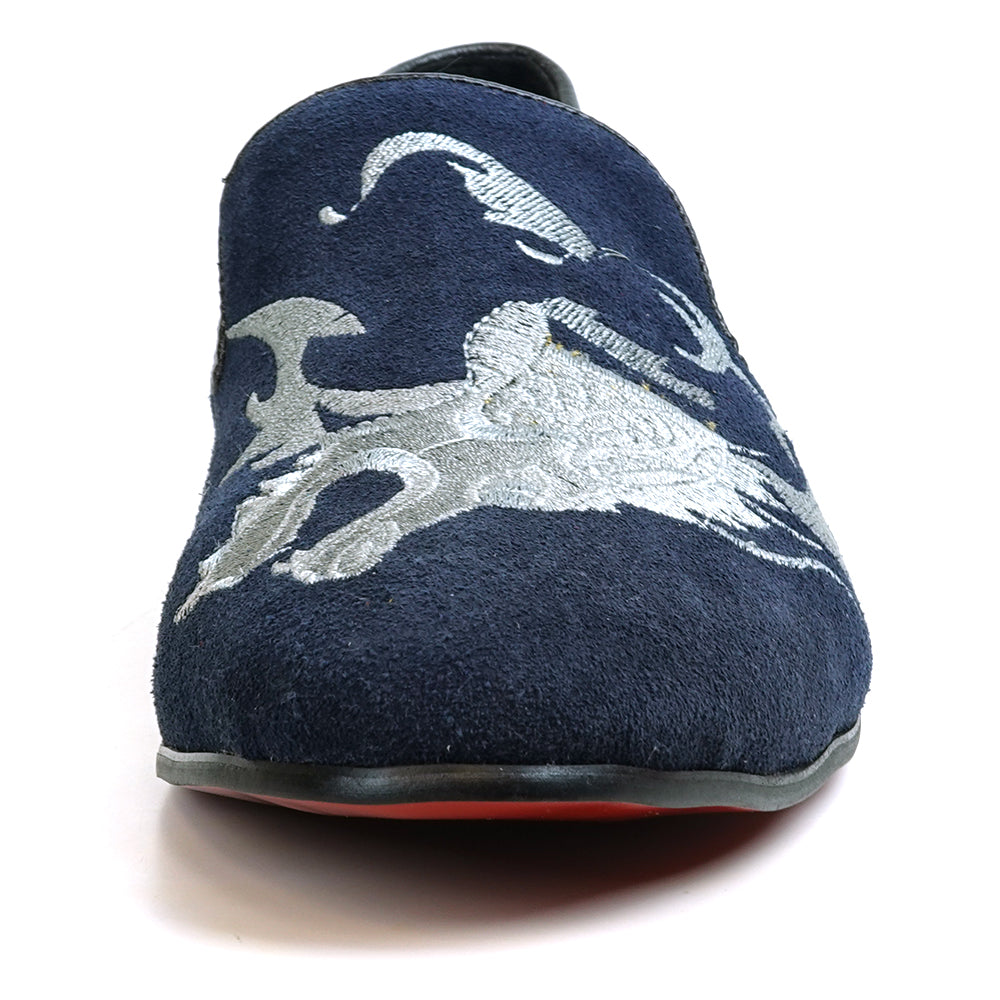 FI-7039 Navy Suede Embroidered Shoe Fiesso by Aurelio Garcia Slip on Loafer