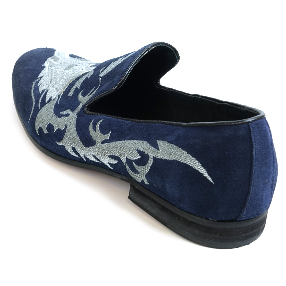 FI-7039 Navy Suede Embroidered Shoe Fiesso by Aurelio Garcia Slip on Loafer