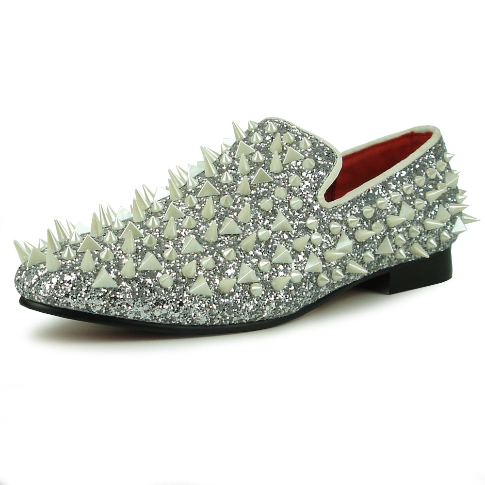 FI-7239 Silver Glitter White Spikes Slip on Loafer Fiesso by Aurelio Garcia
