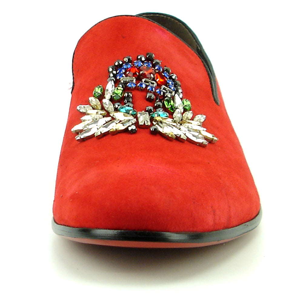 FI-7355 Red Suede Multi Color Rhinestone Ornament Slip on Fiesso by Aurelio Garcia