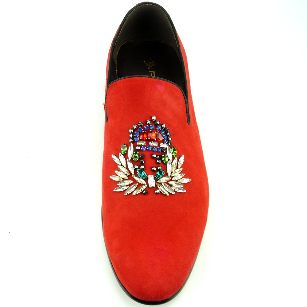 FI-7355 Red Suede Multi Color Rhinestone Ornament Slip on Fiesso by Aurelio Garcia