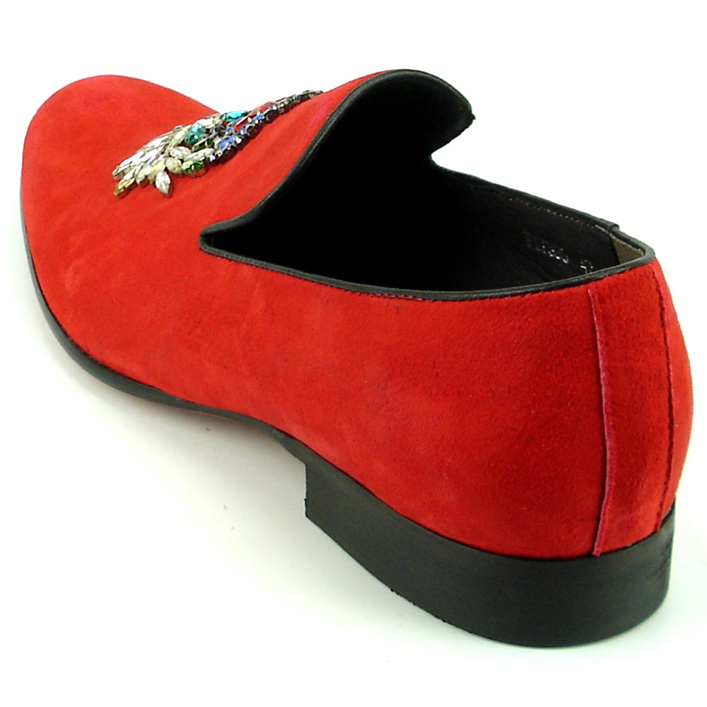 FI-7355 Red Suede Multi Color Rhinestone Ornament Slip on Fiesso by Aurelio Garcia