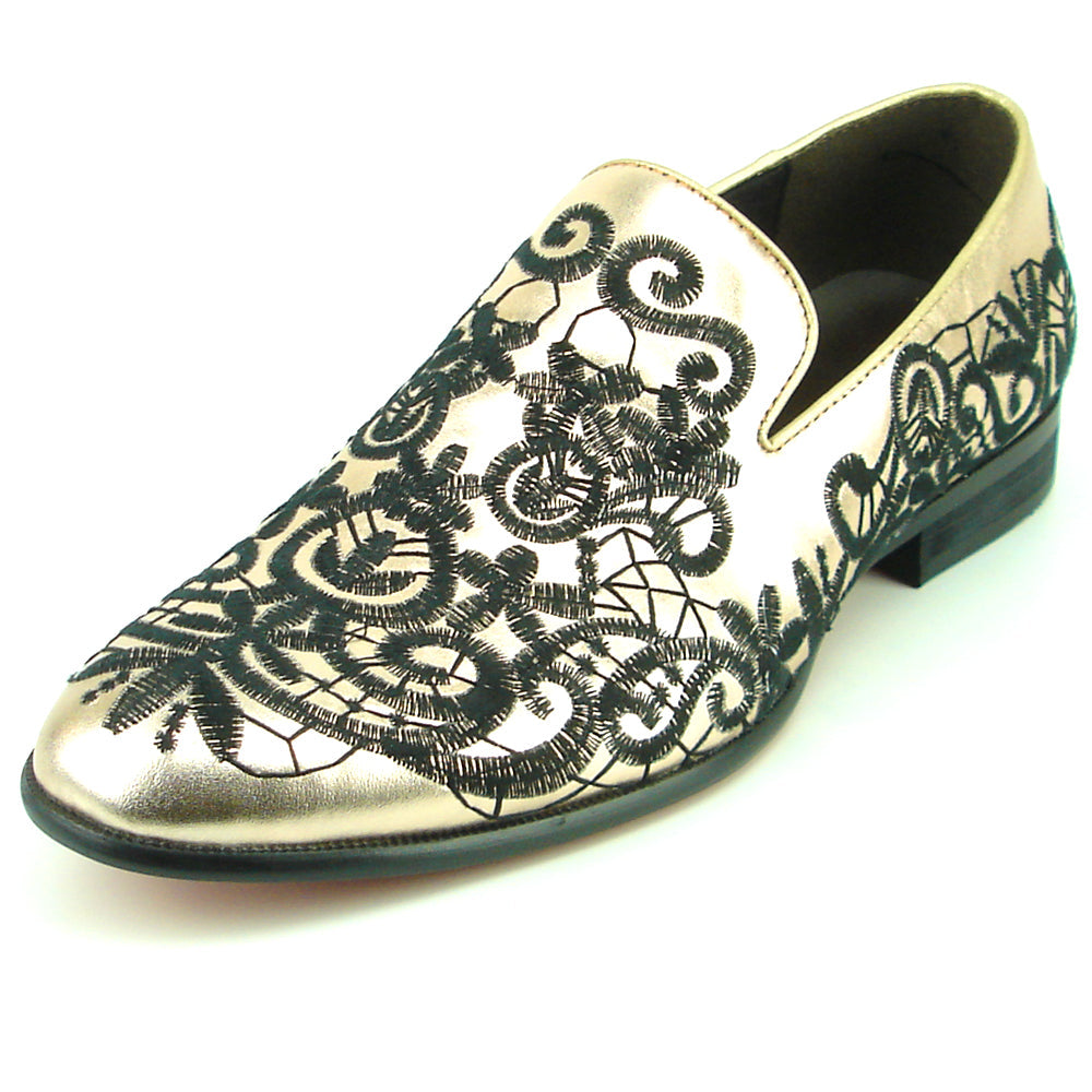 FI-7358 Gold Leather with Black Embroidery Slip on Fiesso by Aurelio Garcia