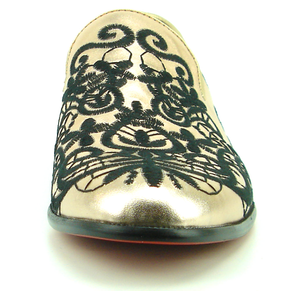 FI-7358 Gold Leather with Black Embroidery Slip on Fiesso by Aurelio Garcia