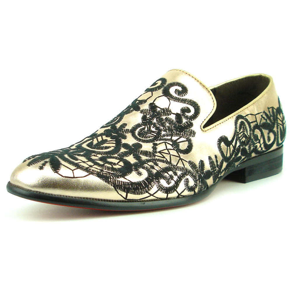 FI-7358 Gold Leather with Black Embroidery Slip on Fiesso by Aurelio Garcia