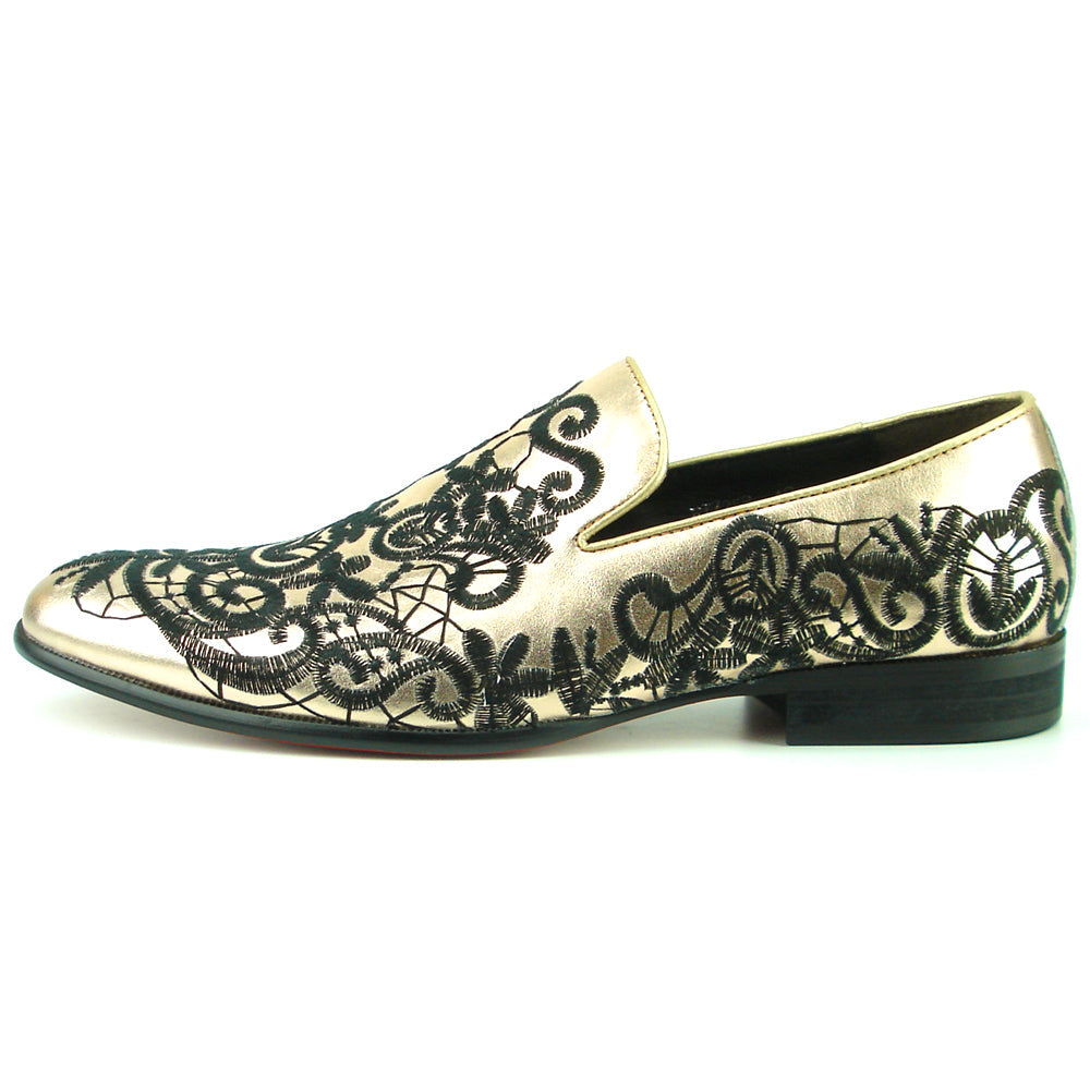 FI-7358 Gold Leather with Black Embroidery Slip on Fiesso by Aurelio Garcia