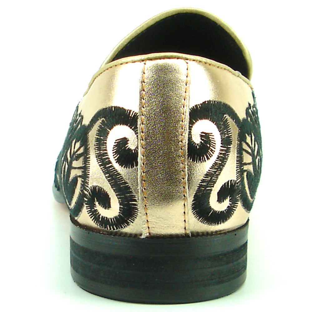 FI-7358 Gold Leather with Black Embroidery Slip on Fiesso by Aurelio Garcia